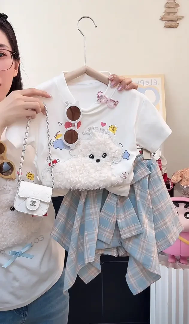 【陈思晨】时尚亲子款女童夏季爆款洋气卡通短袖上衣格子裙女童套装