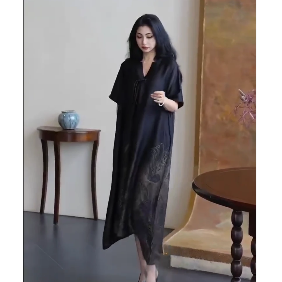 25109  国风新中式优雅大方v领流苏连衣裙