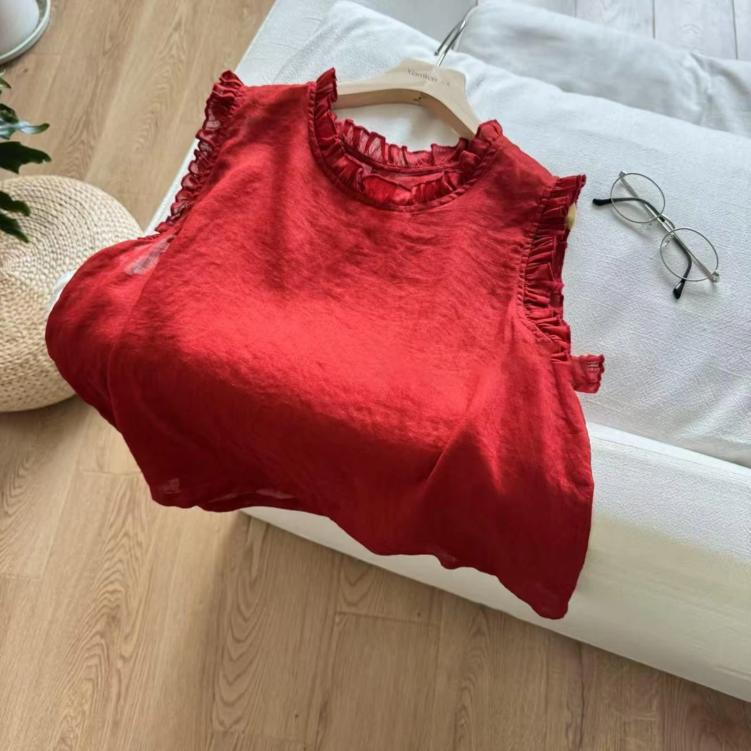 -夏季显瘦木耳领宽松凉快背心圆领2025搭舒适文艺无袖上衣女C5396