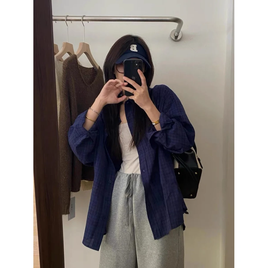 日系复古藏青格子衬衫女宽松休闲冷淡系高级感上衣防晒衫开衫外套