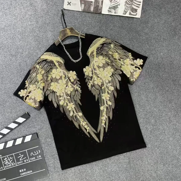 018新款梅花翅膀烫钻T恤上衣男女同款黑白半袖时尚宽松圆领设计师