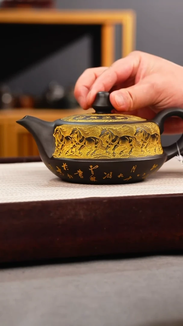 茶壶紫砂石黄 曲壶 八骏 描金
