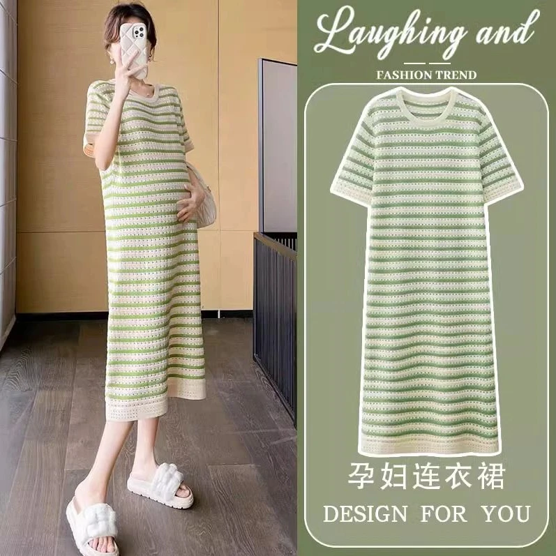 孕妇连衣裙夏季时尚洋气网红显瘦修身弹力针织裙外出镂空条纹裙子