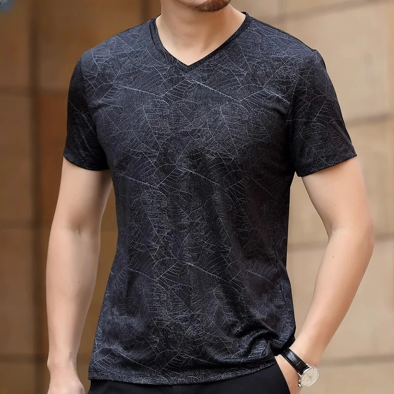 符腾野堡马夏季男修身短袖T恤V领印花镂空上衣鸡心领薄款修身上衣