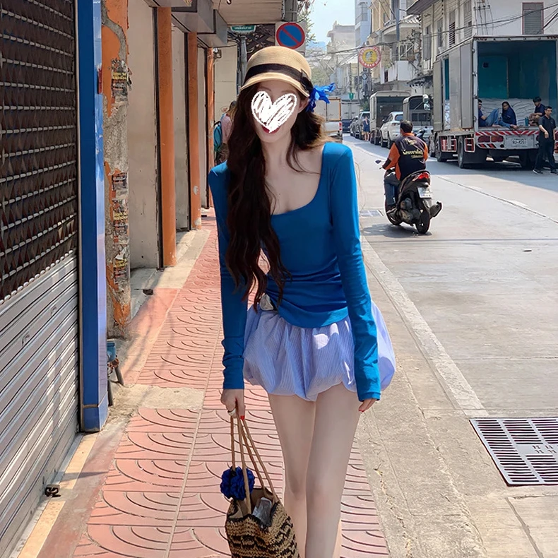 洋气衣服女网红洋气炸街女装方领打底内搭长袖T恤高腰显瘦花苞裙