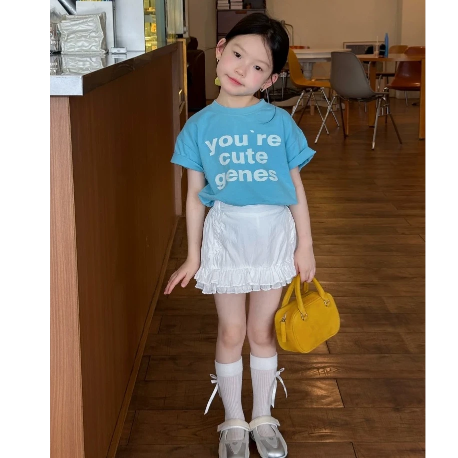 【现货】女童短袖T恤白色花边半裙套装女宝休闲半裙带安全裤两件套