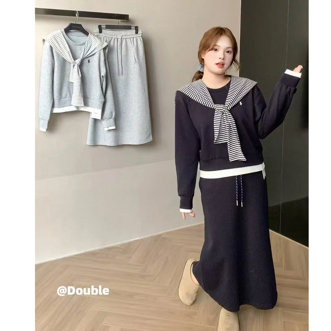 2025初秋时尚休闲运动套装减龄卫衣假两件拼接上衣三件套裙女大码