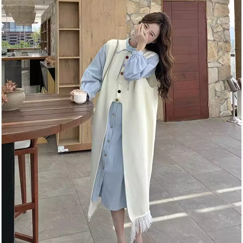 微胖mm显瘦女装森系减龄套装流苏针织马甲裙叠穿连衣裙