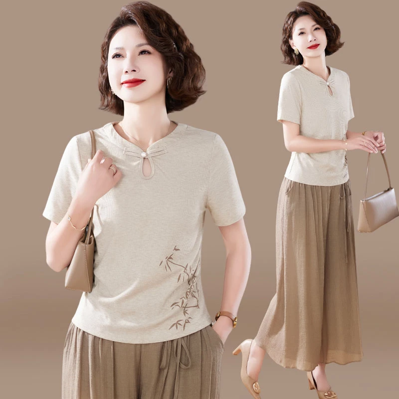 妈妈装夏装短袖t恤套装2025新款中老年女装夏季上衣阔腿裤两件套