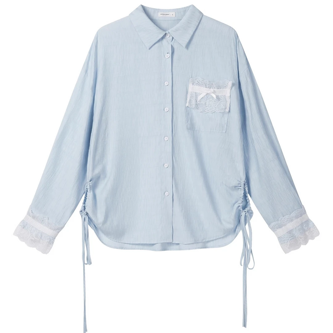 羊城故事-蓝色拼接蕾丝翻领衬衫女轻薄防晒宽松衬衣Y50751777
