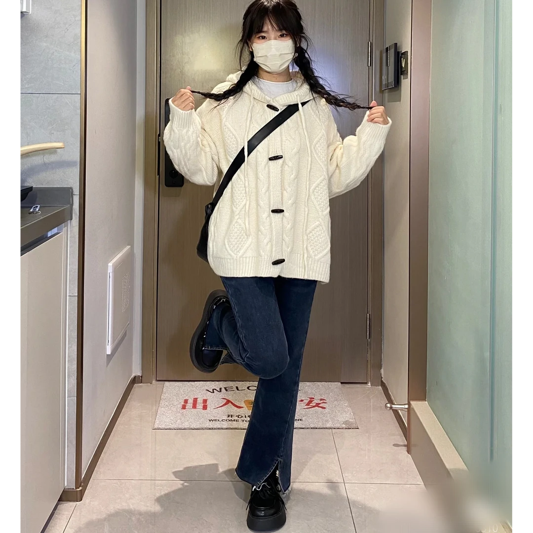 针织衫春秋新款@拍编码下单#舒适慵懒好看韩版时尚连帽毛衣针织女