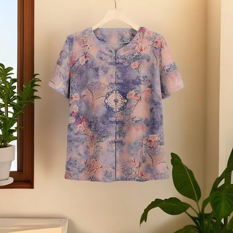 中老年人中老年夏装新款妈妈外穿衬衫夏季套装短袖两件套奶奶衣服