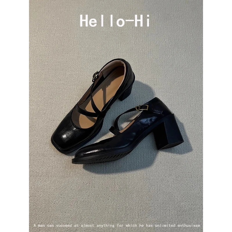 牛皮版~黑色粗跟玛丽珍鞋配裙子春秋新款浅口方头法式高跟单鞋女