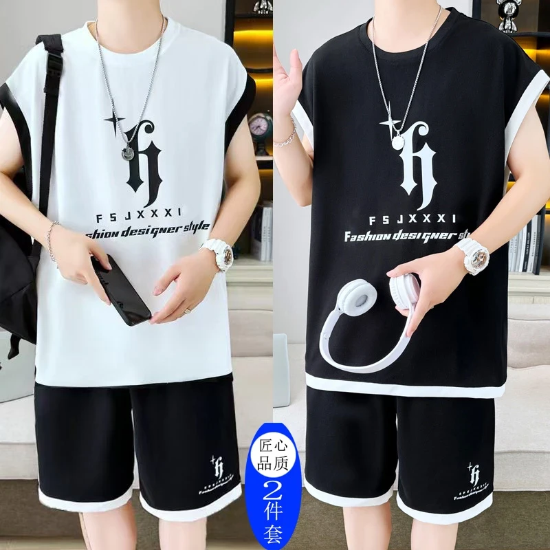 背心套装男夏季潮牌无袖t恤搭配一套青少年感休闲运动短裤两件套