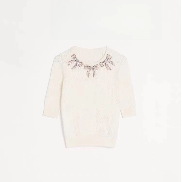 【伦】春夏时尚蝴蝶结领口五分袖短袖镂空针织上衣-HL03