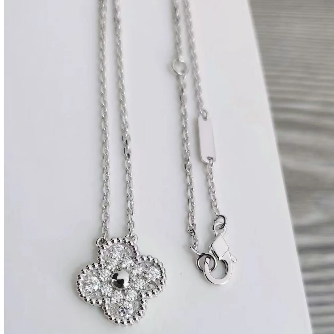 莫桑石铂金pt950镶嵌莫桑石四叶草轻奢套链   抖音基地质检发货