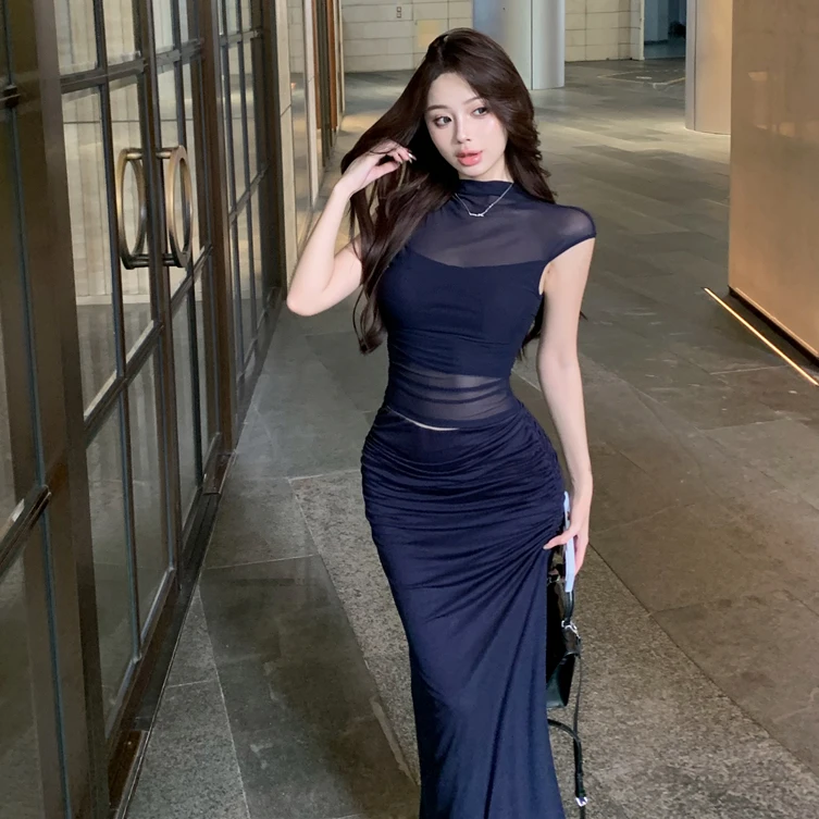 网纱拼接纯欲无袖背心T恤女夏季显身材套装褶皱包臀半身裙两件套