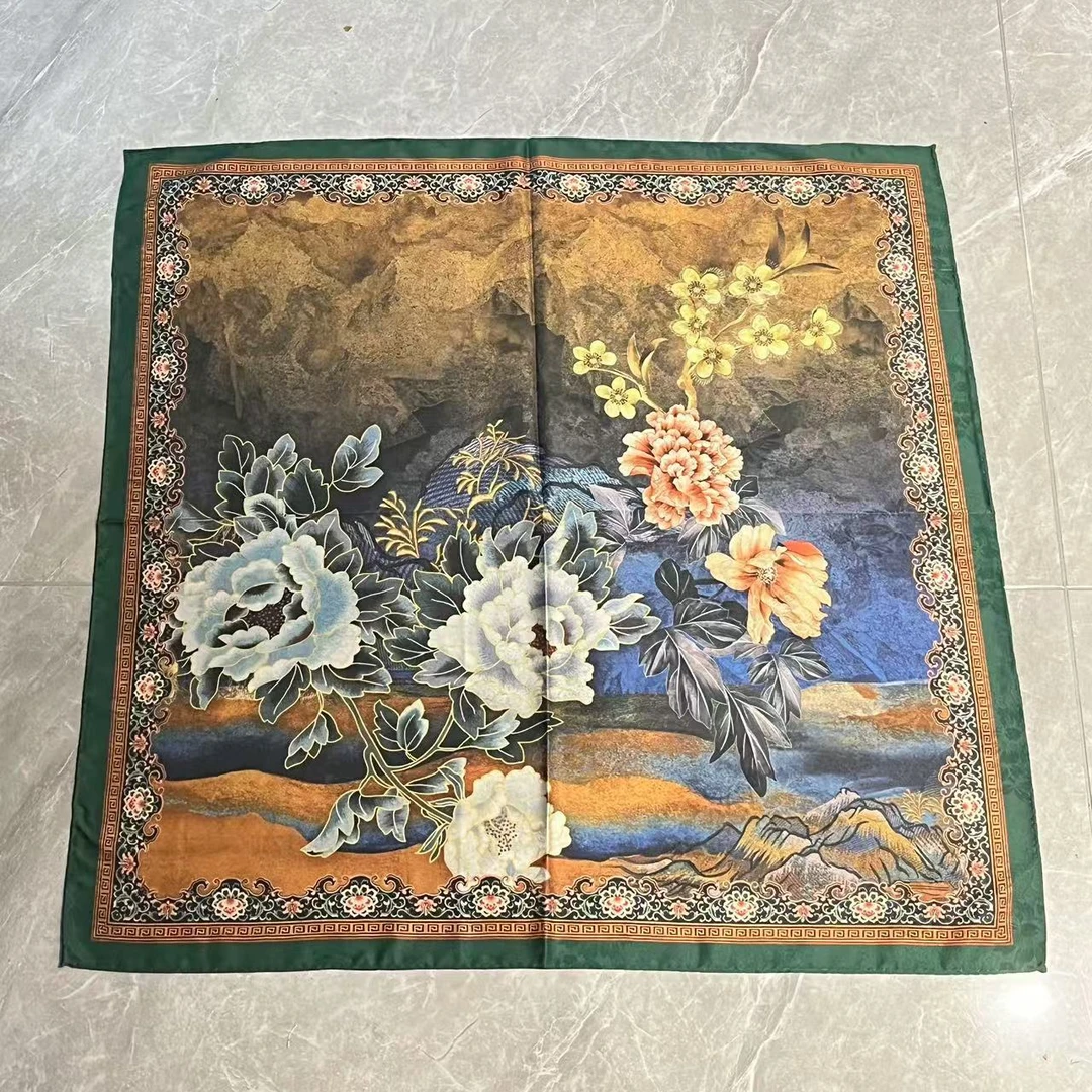 （山水桃花牡丹）国风双面65*65左右方巾