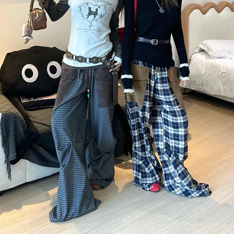 河岸家买手店AndAnything格纹阔腿褶皱拼皮大脚裤休闲裤25秋新款