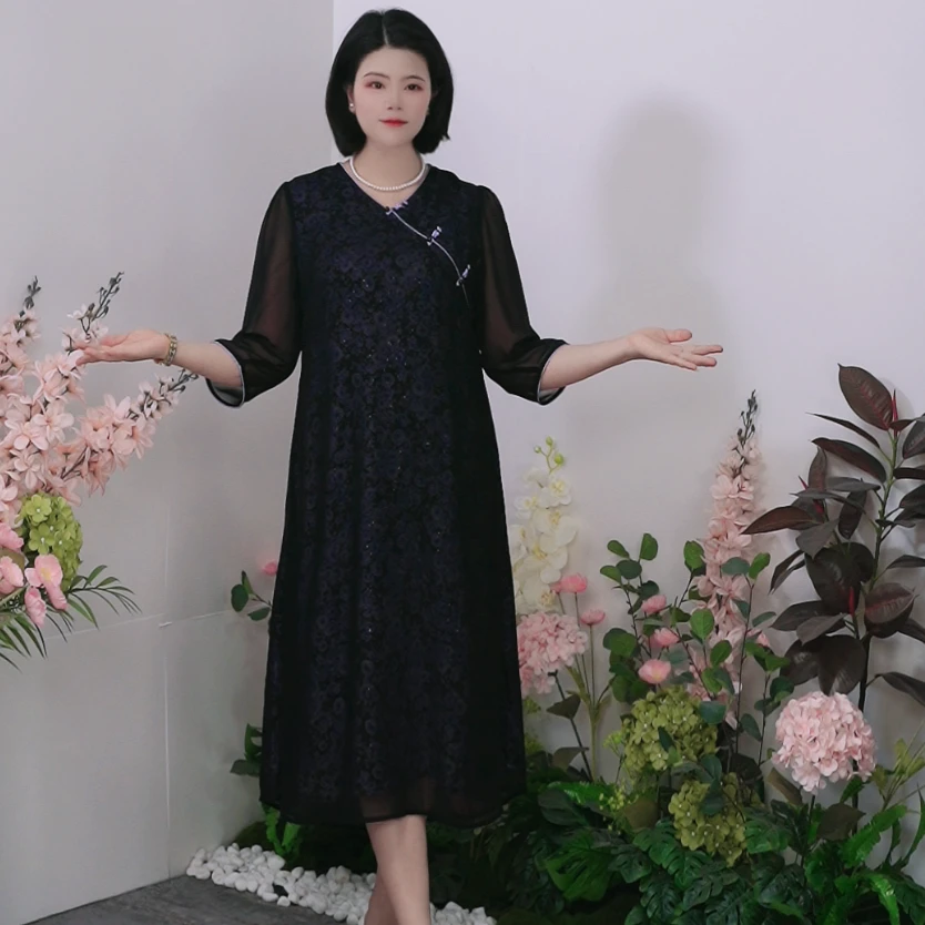 司缪【W5714】轻奢大码女装新中式改良旗袍气质妈妈装中国风连衣裙