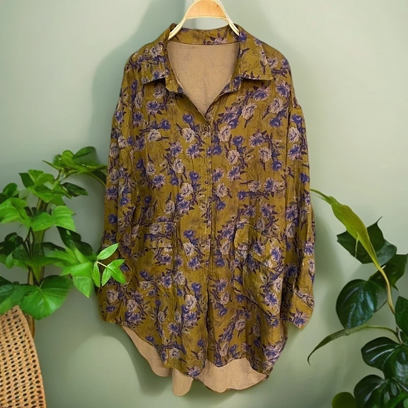 秋冬款复古花色宽松中长款衬衫女装休闲时尚碎花大码女士印花长袖