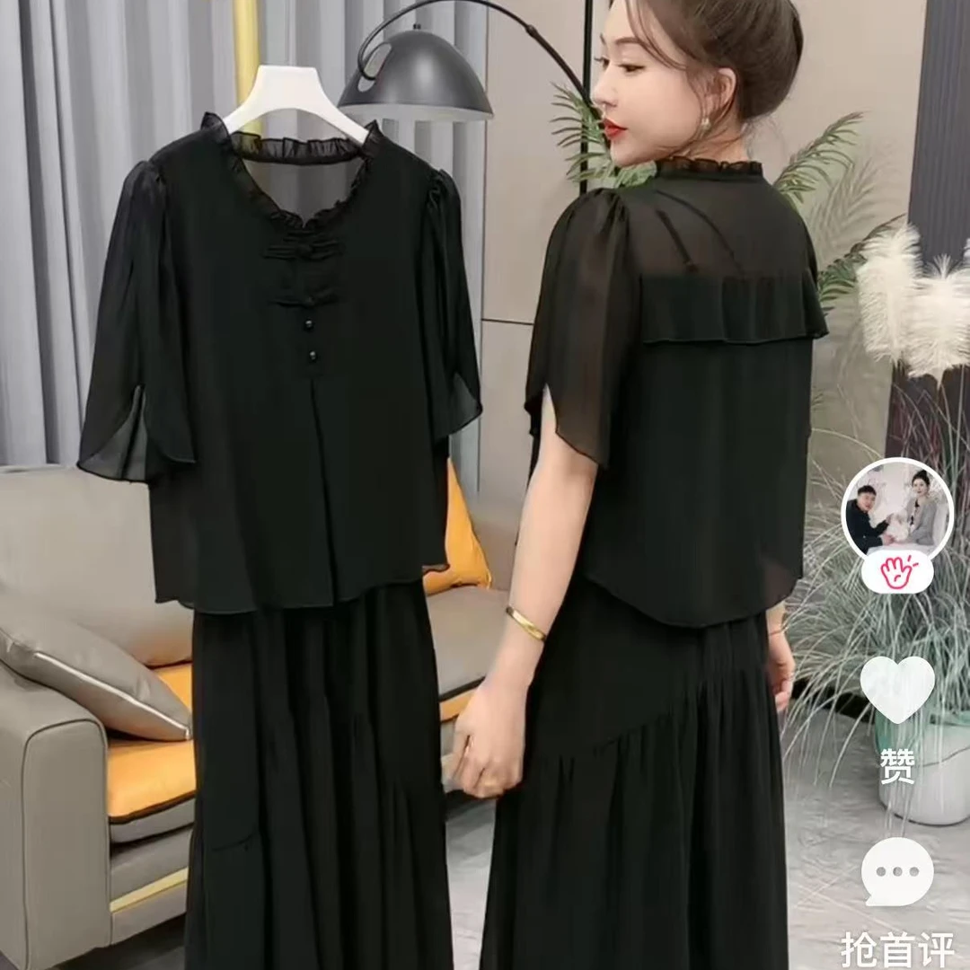 洋气气质显瘦时装连衣裙国风花边领假两件套裙150#