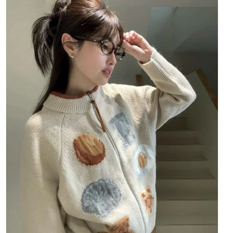 学院风针织开衫女秋冬miu系毛衣外套韩系拉链提花宽松慵懒风上衣