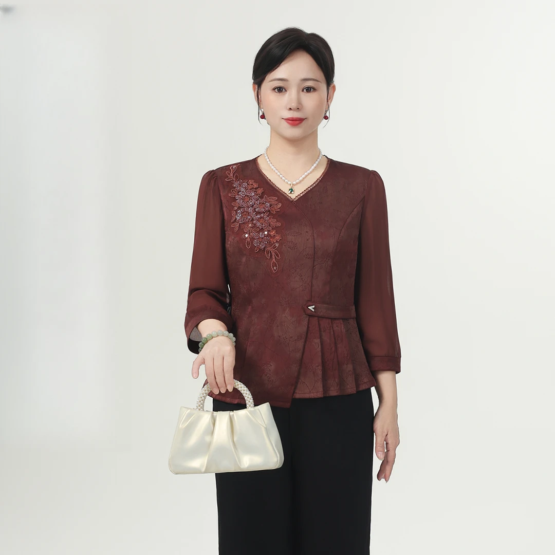 中年妈妈装2025早秋网纱袖刺绣上衣套装中老年女贵气国风气质小衫