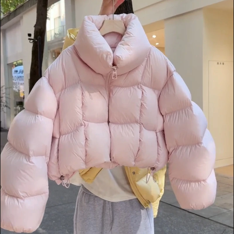 韩版超好看奶油粉短款棉服女2025冬季新款立领加厚保暖面包服外套