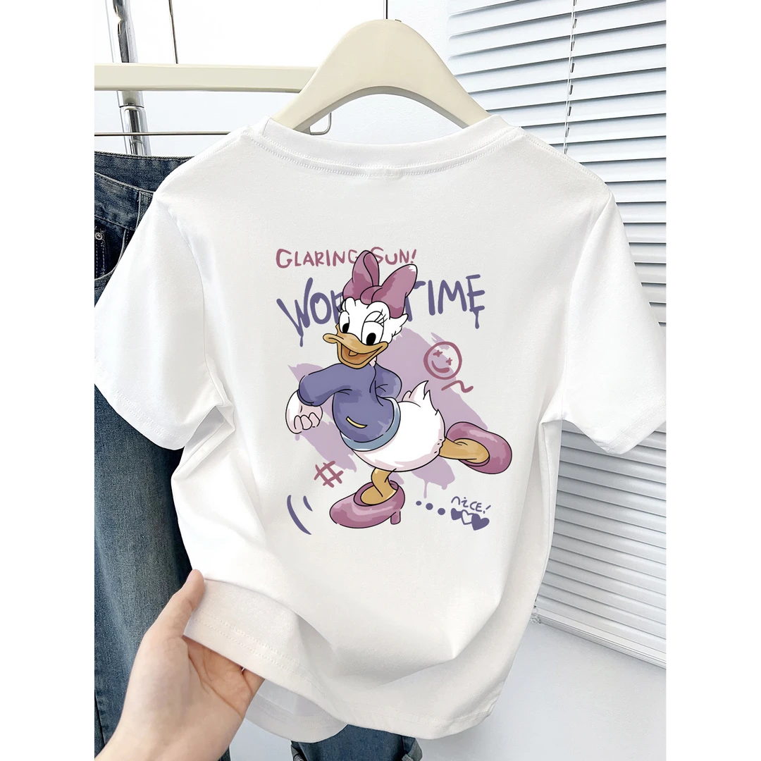 时尚减龄卡通印花正肩短袖T恤女2025新款修身显瘦短款小个子上衣