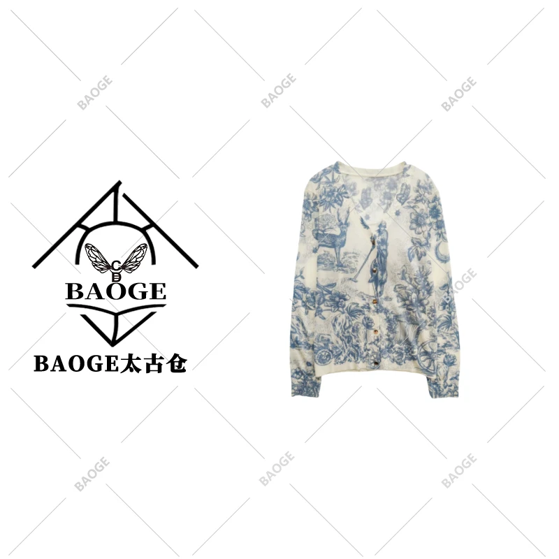 【BAOGE太古仓】法式田园风蓝白复古印花长袖针织开衫msl209