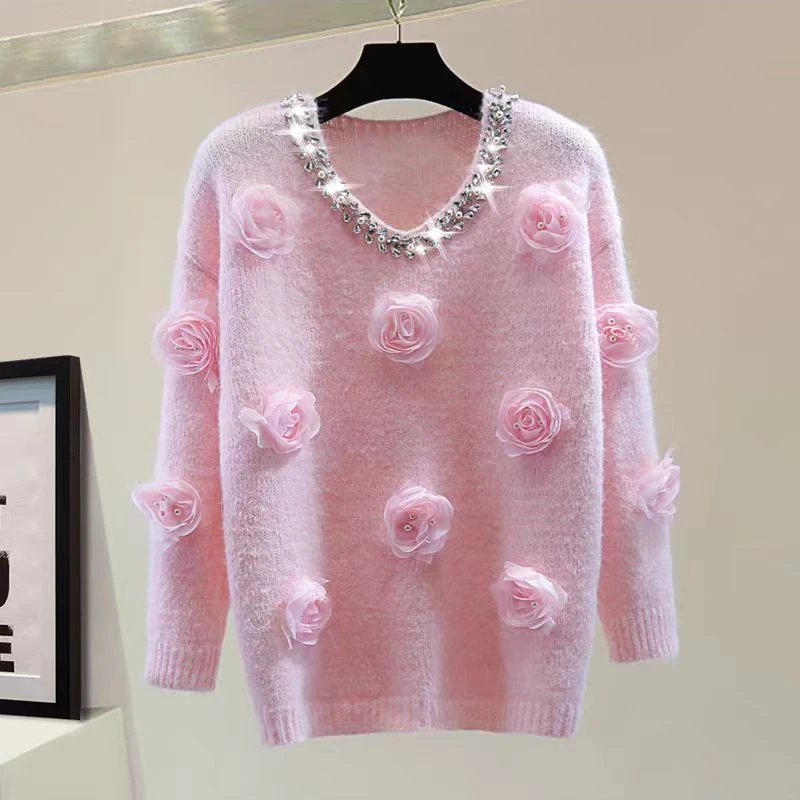 重工镶钻玫瑰花V领毛针织衫