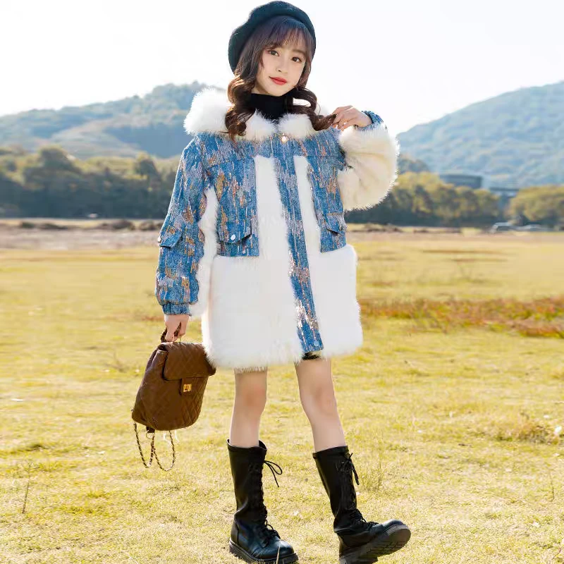 女童外套冬款2024新款冬装洋气时髦中大儿童夹棉加厚牛仔拼毛大衣