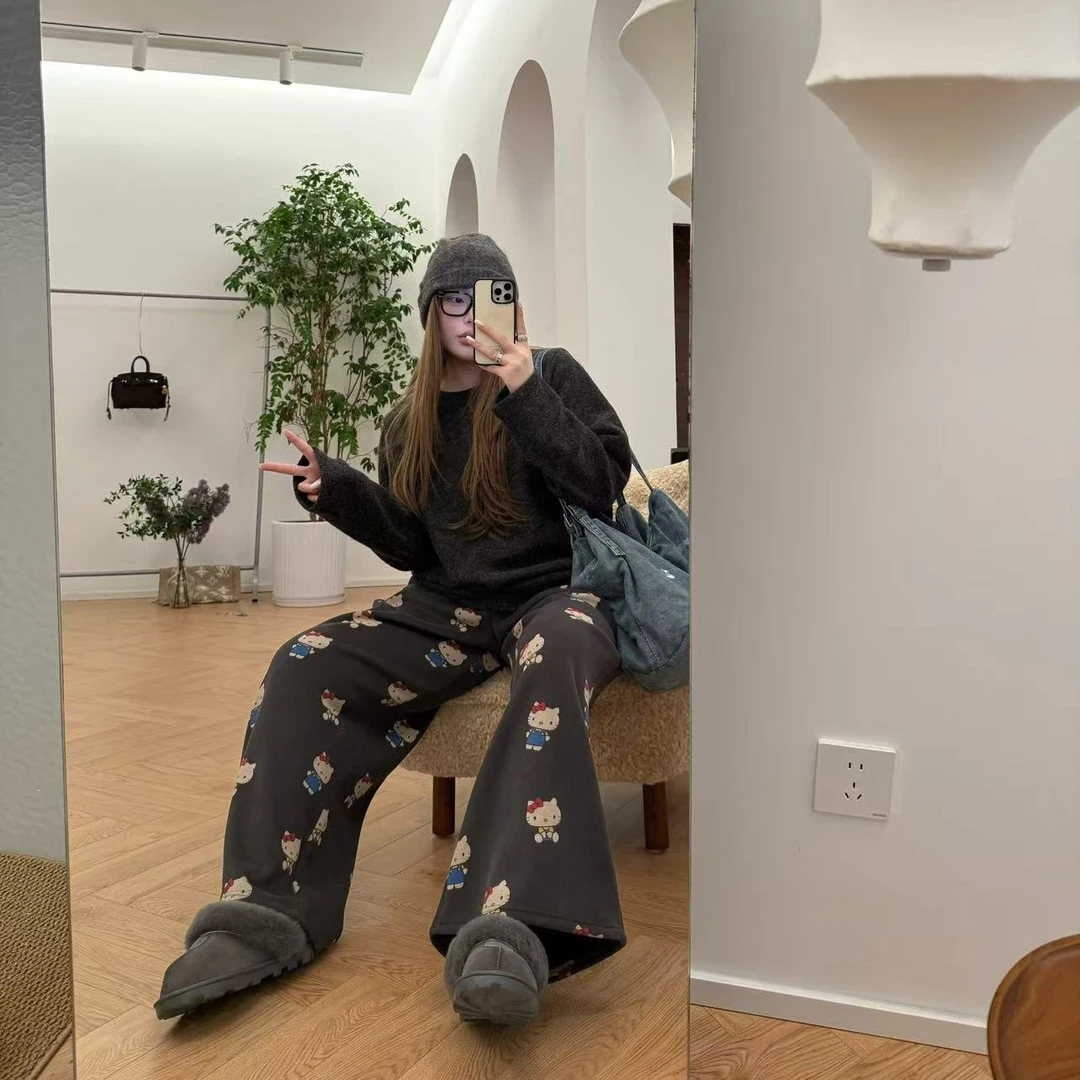 【夏夏】满腿KT-大码全棉加绒松紧腰印花显瘦百搭休闲长裤S02260