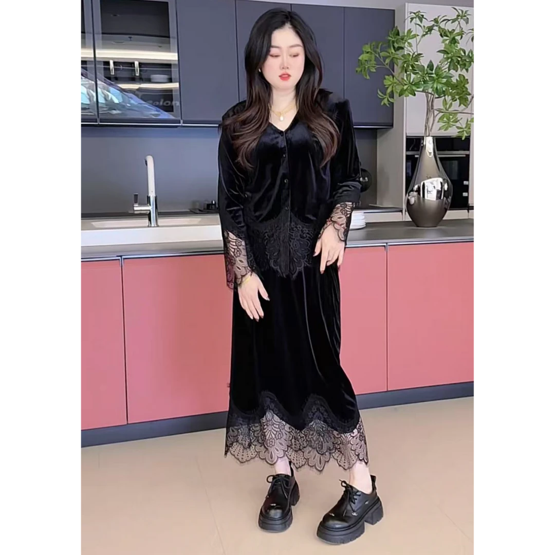 2025春季黑色显瘦丝绒蕾丝套装
