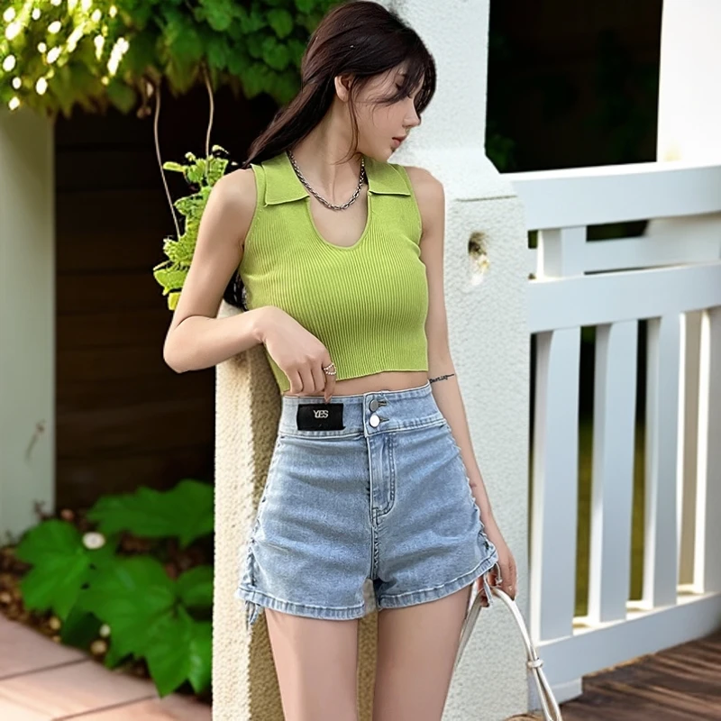 浅蓝牛仔短裤女弹力辣妹夏季性潮流春夏沙滩高腰显瘦ins薄款8177