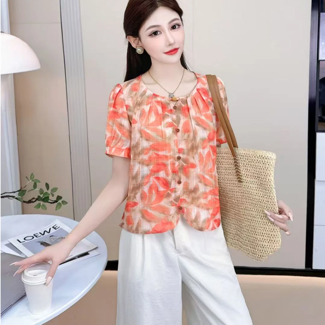 夏季碎花新款短款百搭显瘦短袖时尚衬衫女圆领设计感小众上衣