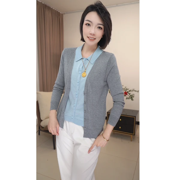 #现货超细精纺绵羊毛#假两件2025新款POLO领针织上衣女休闲开衫