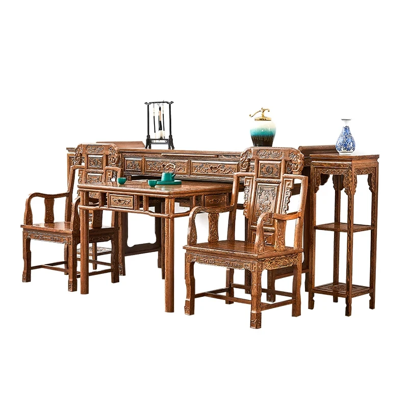 红木鸡翅木中堂四方桌灵芝八仙桌案台客厅太师椅组合