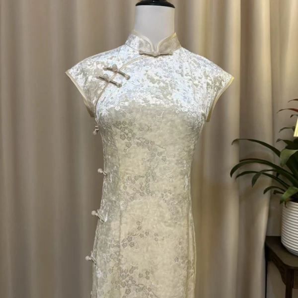 【0019玉影凝华】单层米白色改良后拉链旗袍长约125古法全开襟旗袍
