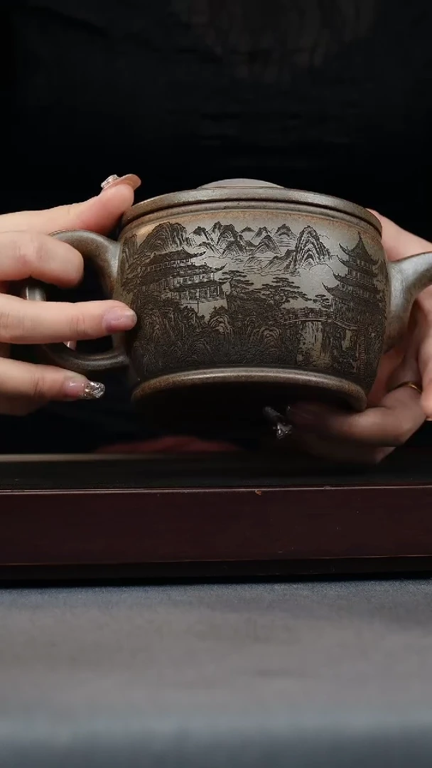 【闪购商品】紫砂茶壶梨皮青 山水汉瓦