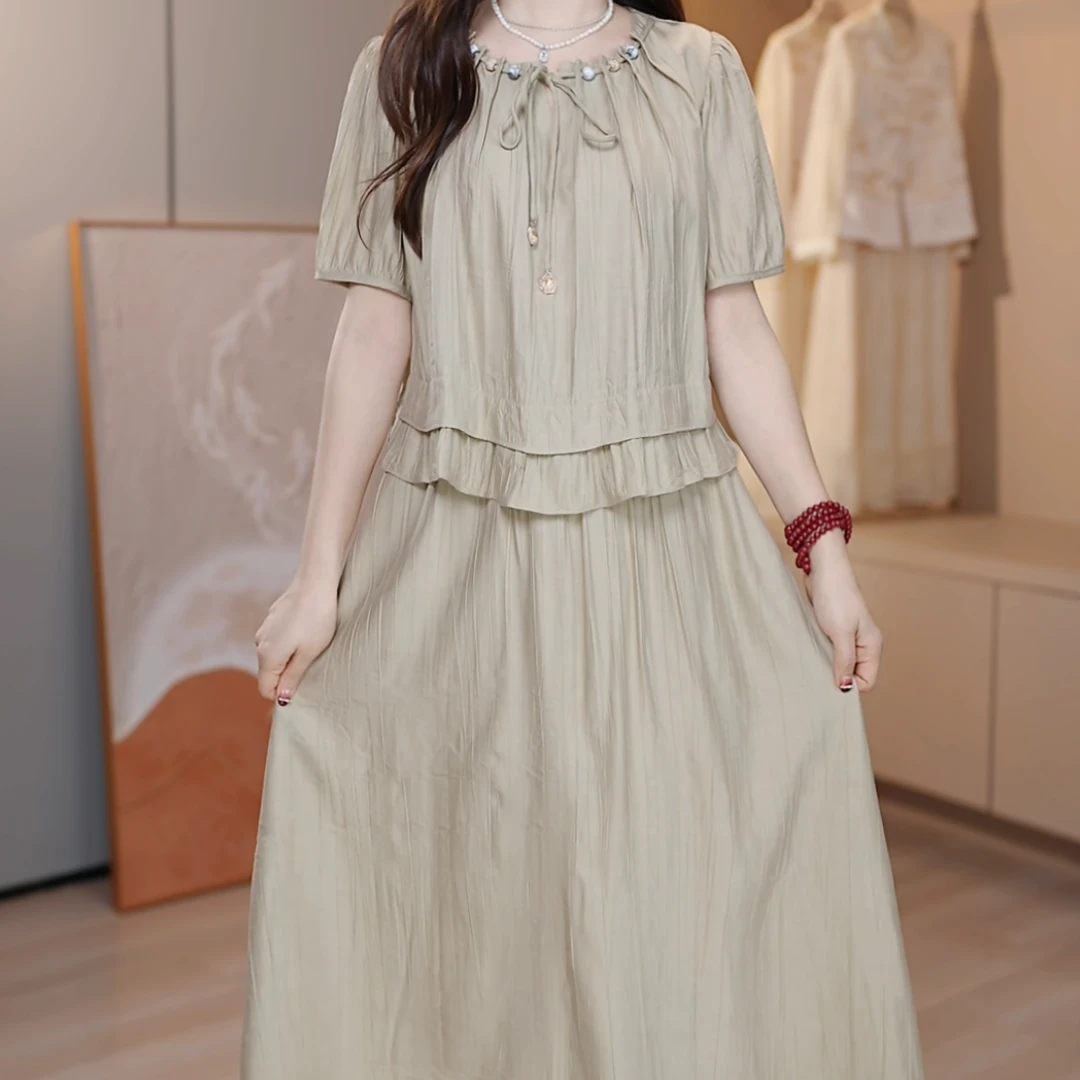 裙角秀/假两件夏季新款优雅气质时尚减龄连衣裙短袖中长款 A181#