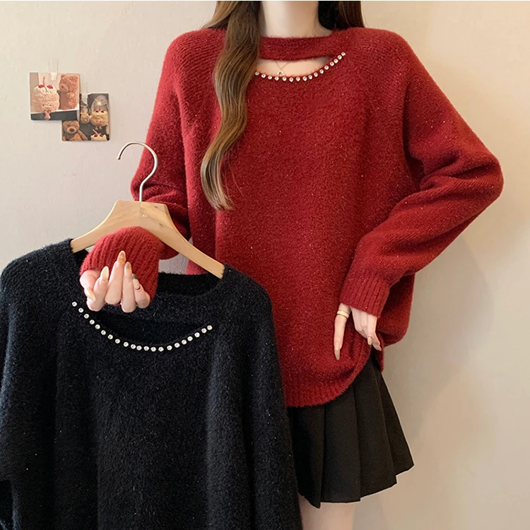 大码胖mm设计感显瘦镂空钉钻加厚保暖圆领针织衫女宽松百搭毛衣