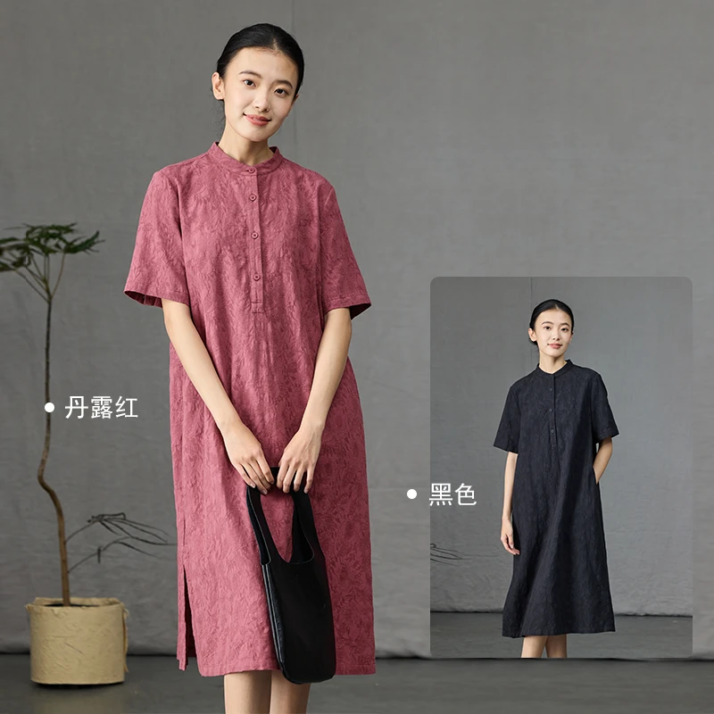 Q.TU高级感连衣裙棉麻提花立领短袖4522原创气质独特漂亮夏季新款