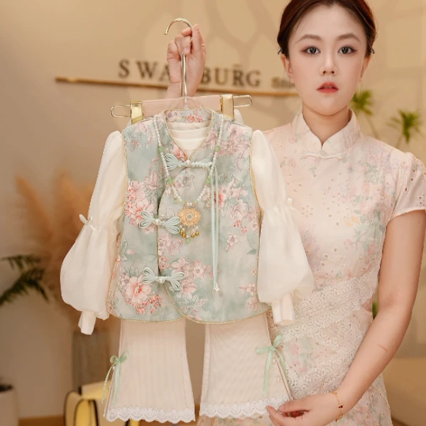 【Y.g5996】2025秋季新款女童复古国风套装女宝重工气质长裤套装