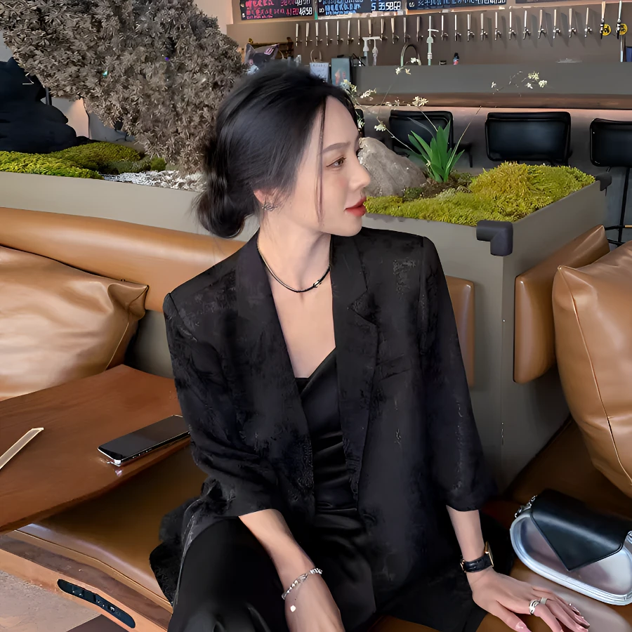 新中式七分袖西装外套女夏季2025国风气质高级感薄款提花黑色西服