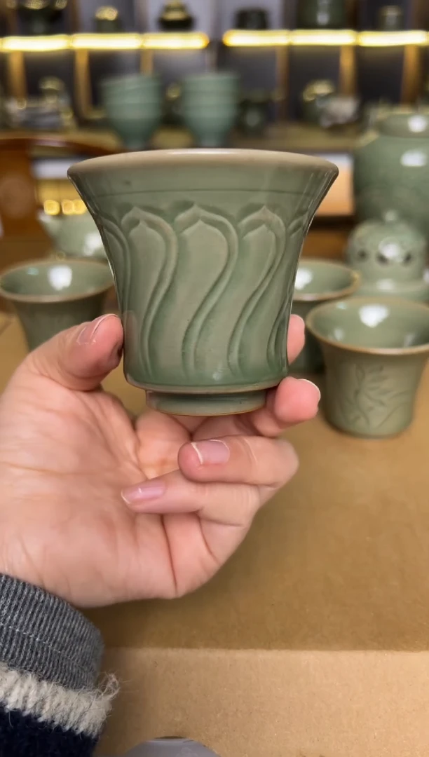 瓷片耀州窑纯手工折扇纹闻香杯