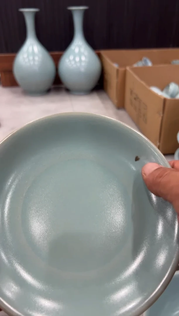 杯仿古天青纯手17公分盘大瑕