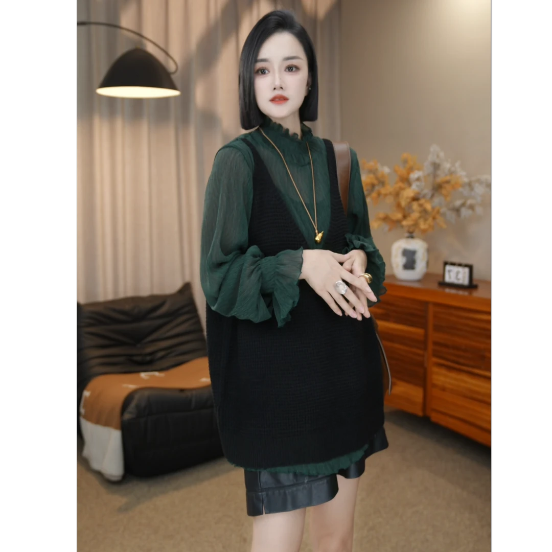 SZ&休闲风女V领针织背心马甲A868百搭无袖宽松显瘦减龄背心