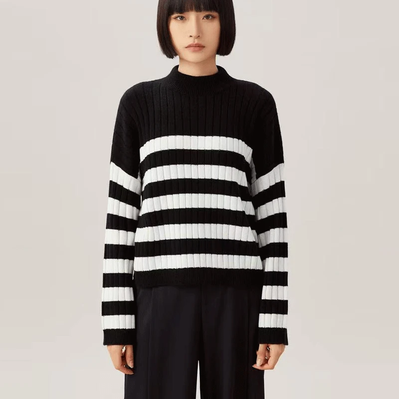 哥弟阿玛施正时尚针织高领条纹针织衫毛衣百搭上衣毛针织衫条纹女